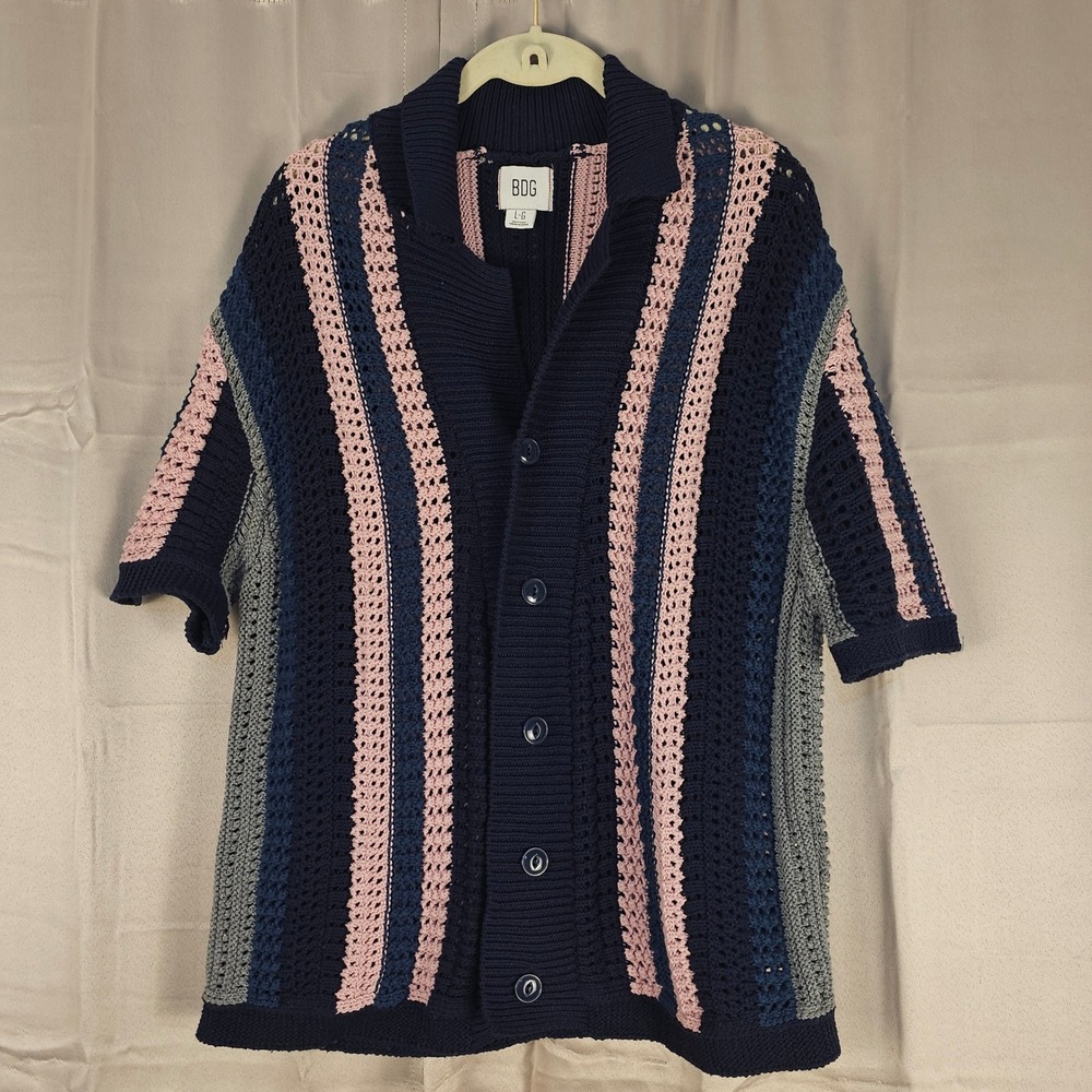 BDG Urban Outfitters Blue Striped Short Sleeve Crochet‎ Knit Cardigan Sweater Lg